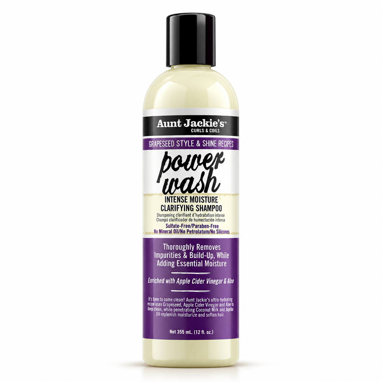 شامپو پاک کننده عمیق و آبرسان آنت جکیز aunt jackie’s grapeseed style & shine recipes power wash intense moisture clarifying shampoo